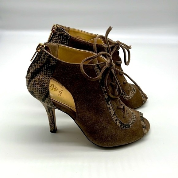 Isola - Gray Suede With Snakeskin Leather Open Toe Lace Up Heels Size 6.5 - Picture 2 of 14